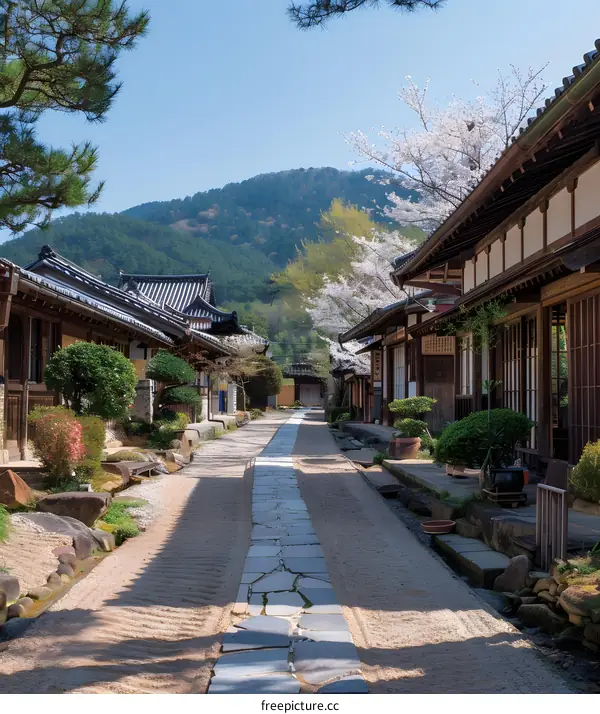 Traditional Japanese Houses with Cherry Blossoms in Spring