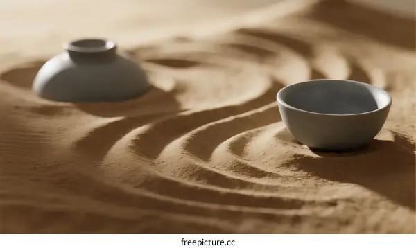 Zen Garden with Ceramic Bowls and Sand Patterns