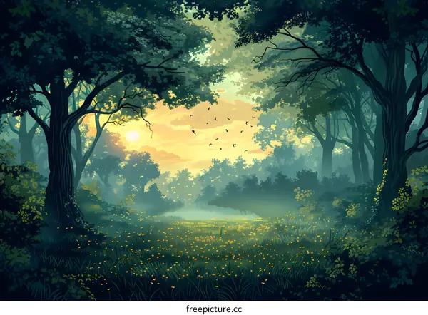 The forest under the sunset