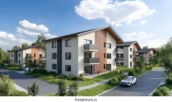 Modern Apartment Building Design with White Walls and Wooden Accents