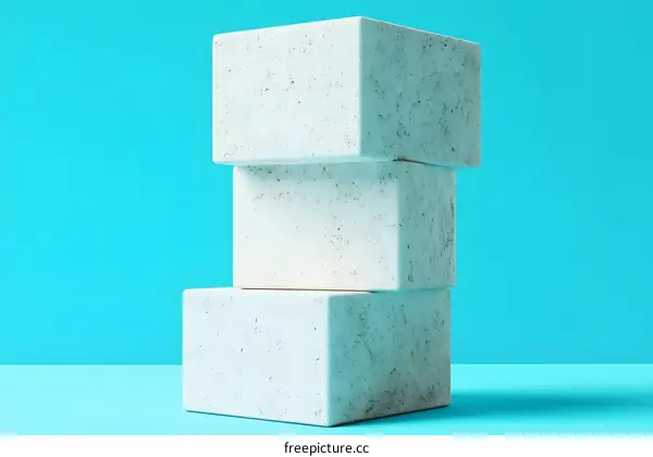 Three White Concrete Cubes Stacked on Blue Background