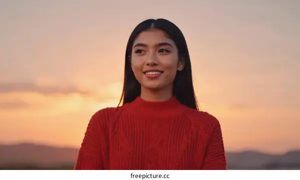 Asian Woman Enjoying Sunset View