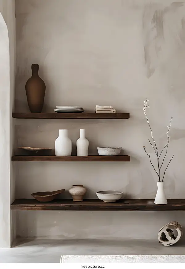 Minimalist Interior Design with Wooden Shelves and Ceramic Decor