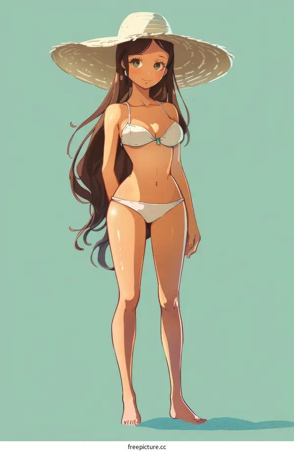 Anime Girl with Straw Hat and White Bikini on the Beach