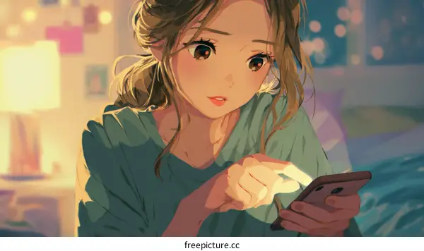 Young Woman Using Smartphone in a Cozy Room Illustration