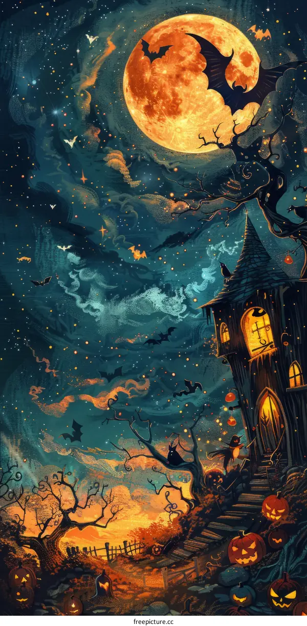 Halloween Spooky House and Moon