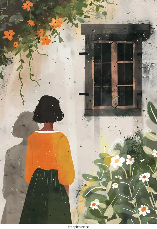 Woman In Orange And Green Standing Beside A Window