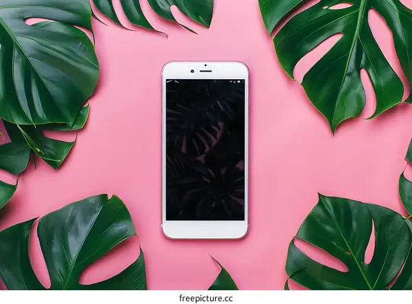 White Smartphone with Tropical Leaves on a Pink Background