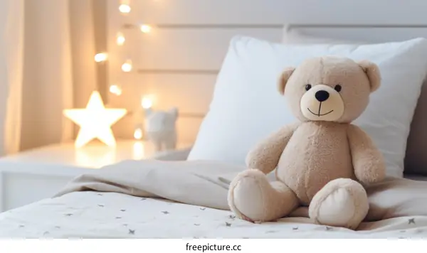 A Cuddly Teddy Bear on a Starry Blanket with a Nightlight