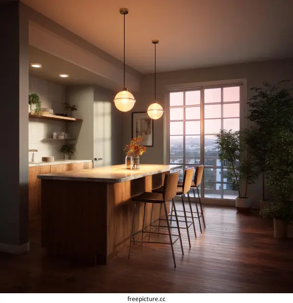 Modern Kitchen Interior Design with Pendant Lights