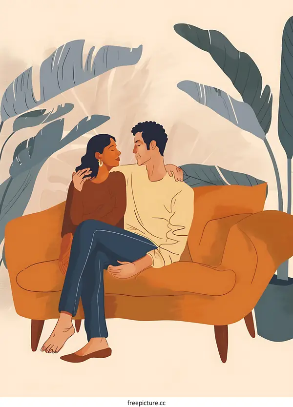 Couple Sitting on Sofa Under Banana Leaves Illustration