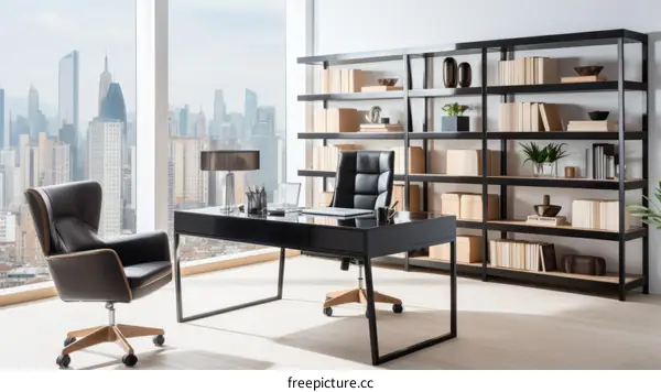 Modern office interior with large windows and a view of the city