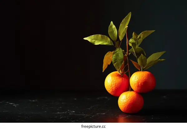 Three Tangerines on a Branch Against a Dark Background
