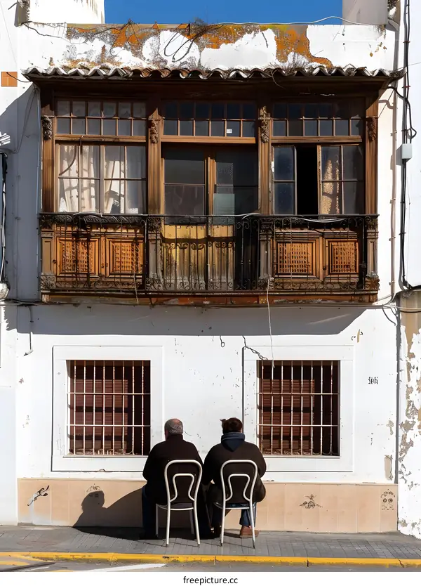 Two Men Sitting on Chairs in Front of a Building With a Balcony