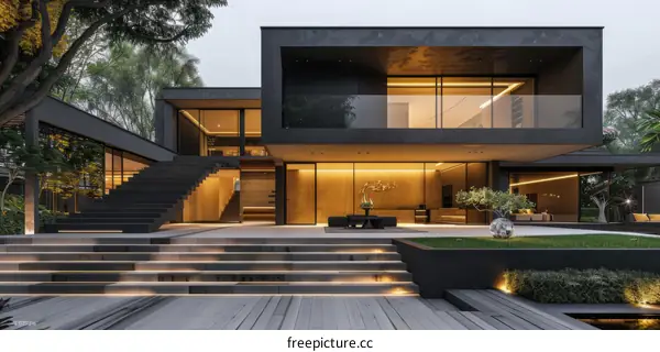 Black and white modern house with large glass windows