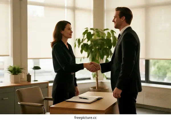 Two Business Professionals Shaking Hands in Modern Office Setting
