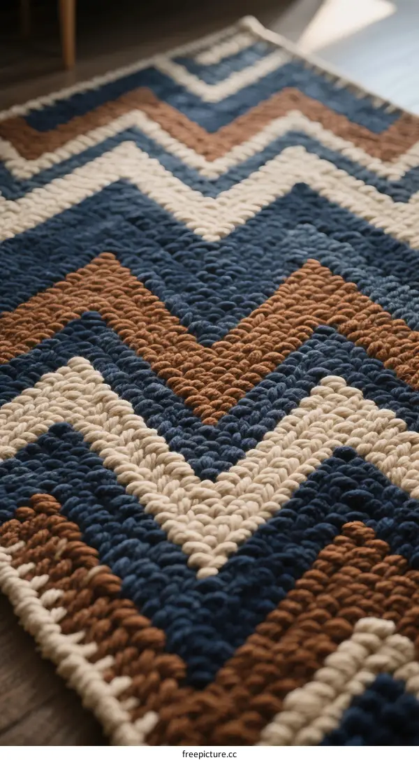 Handmade Chevron Pattern Area Rug with Blue Brown and White Colors