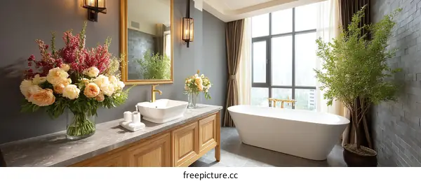 Luxury Modern Bathroom with Flowers and Bathtub