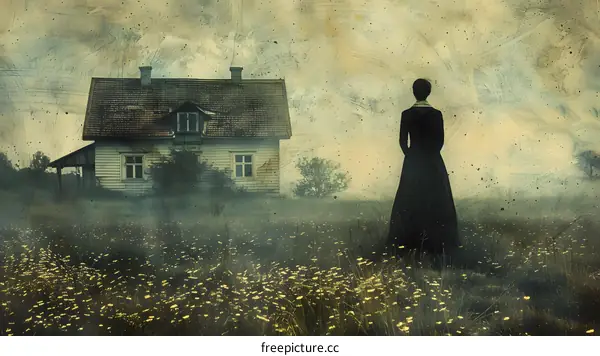 Woman standing in a field of flowers in front of an old house