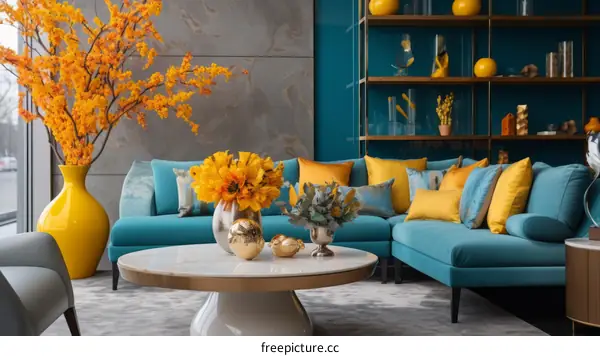 Blue and yellow living room interior design