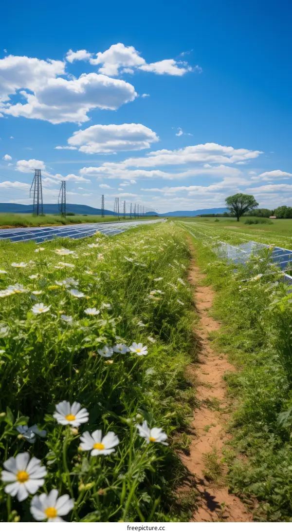 Field of solar panels with a path running through the middle
