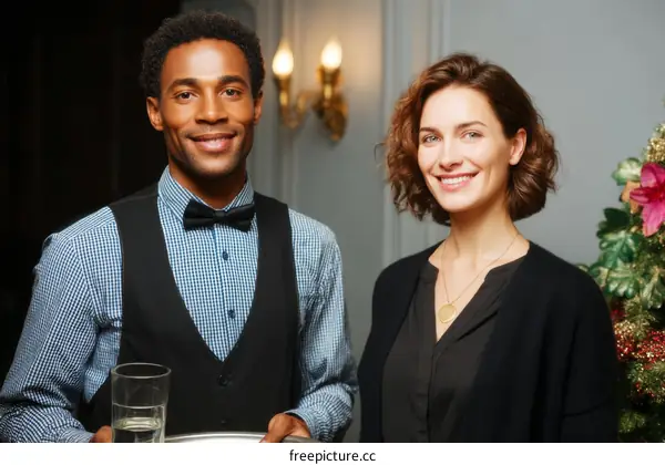 Two Black and White People in Formal Wear Serving Drinks