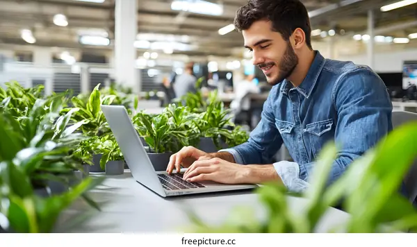 Man Working on Laptop in Modern Office with Plants
