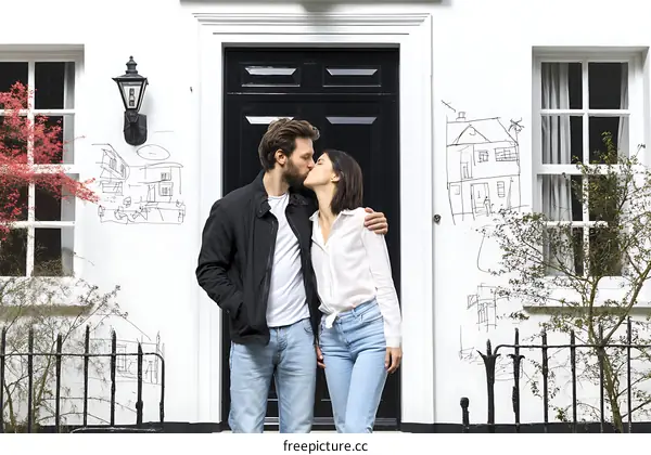 Couple Kissing in Front of a House with Drawings
