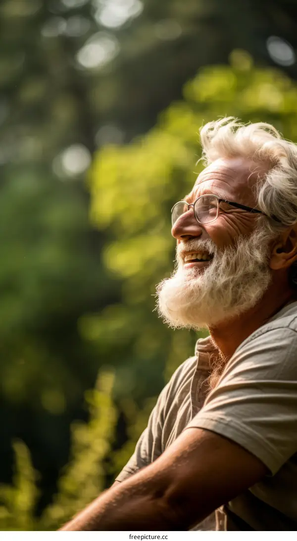 An elderly man with white hair and beard is smiling.