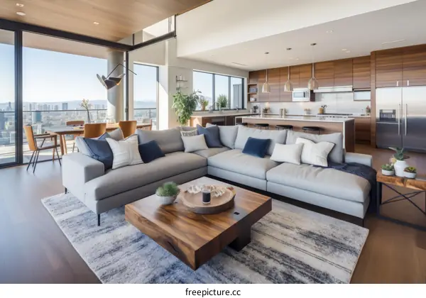 Modern living room interior design with large windows and city view