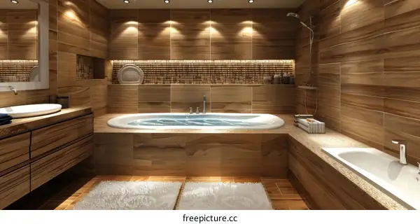 Bathroom teak wood tiles effect image