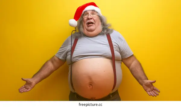 Overweight man in Santa hat with suspenders and headphones