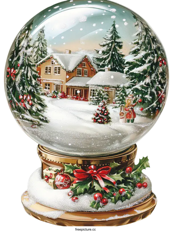 [Transparent Background PNG]Vintage Christmas Snow Globe Illustration of a Winter Village