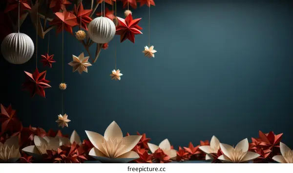 Colorful Origami Paper Flowers and Stars Hanging on Blue Background