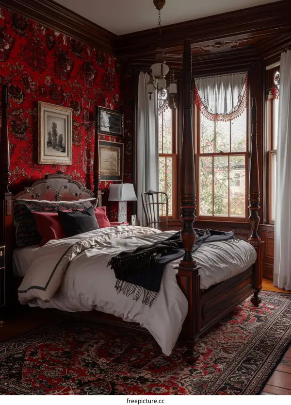 Antique Bedroom with Red Wallpaper and Four-poster Bed