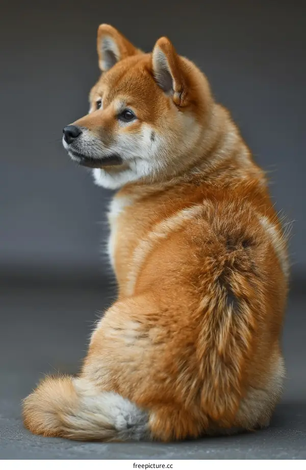 A ginger Shiba Inu dog sits on the ground with its back to the camera
