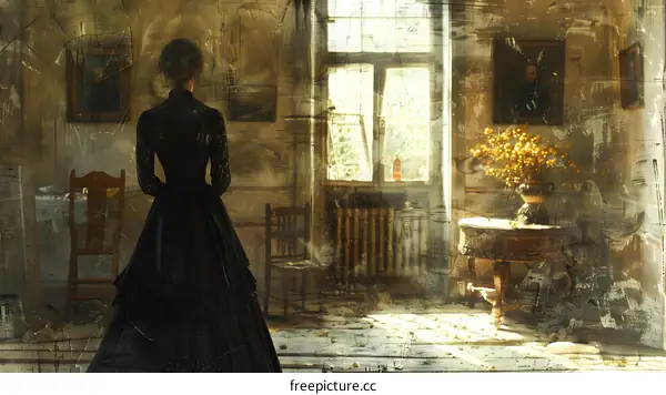 woman in black dress standing in front of window