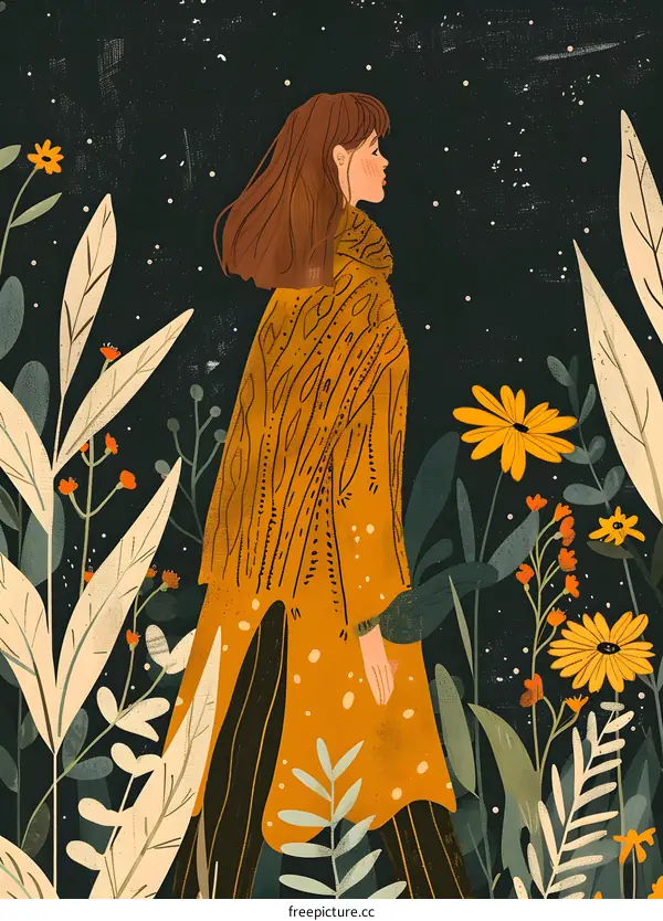 Woman in Yellow Coat Walking Through a Garden