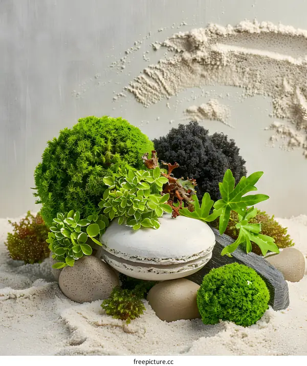Green Plants And Stones On Sand