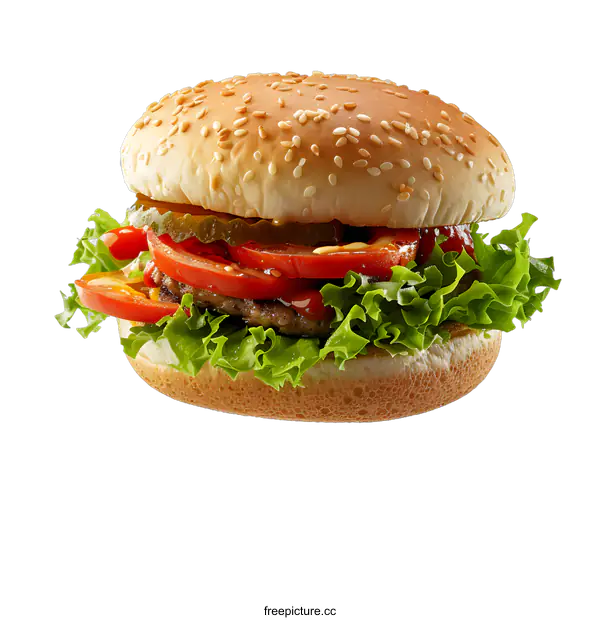 [Transparent Background PNG]Delicious Sesame Seed Burger With Lettuce, Tomato And Pickle