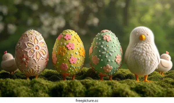 A cute illustration of four Easter eggs and two chicks