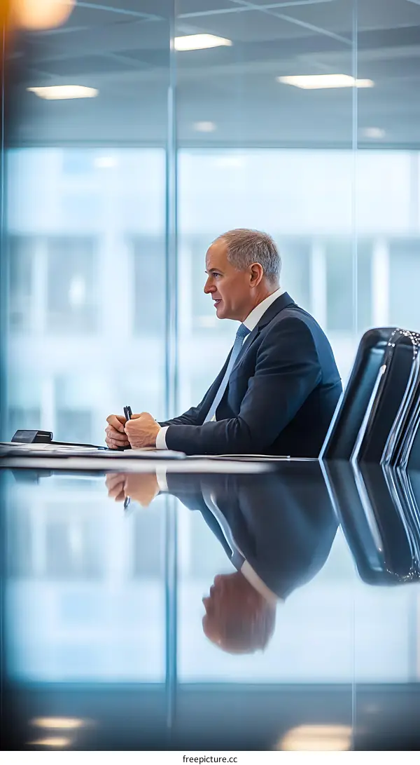Businessman Sitting in Meeting Room, Looking at Someone