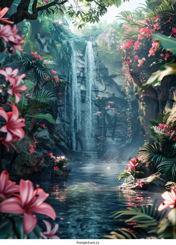 Tropical Waterfall Paradise Illustration