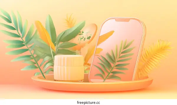3D Rendered Illustration of a Smartphone and a Jar of Cream on a Platform with Tropical Leaves