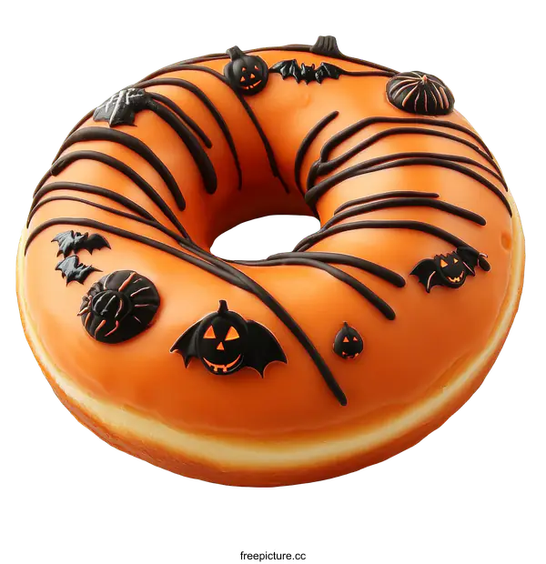 [Transparent Background PNG]Halloween Orange Donut with Black Decorations