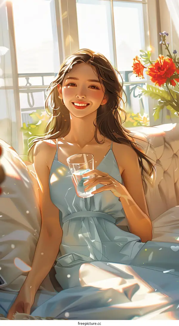 Smiling Woman Drinking Water In The Sun
