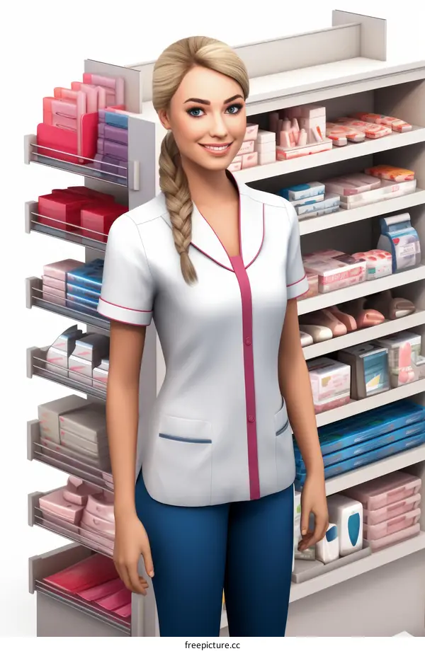 Blonde Pharmacist Smiling at the Counter