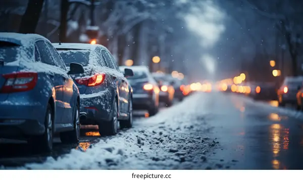 Snowy street with parked cars