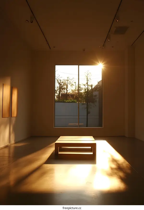 Sunlight Streaming Through Window in Empty Room with Wooden Table