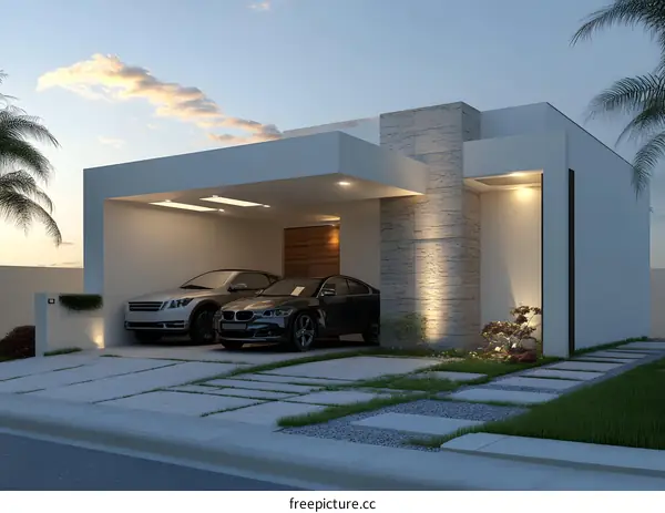 Modern House Design with Two Cars in Garage